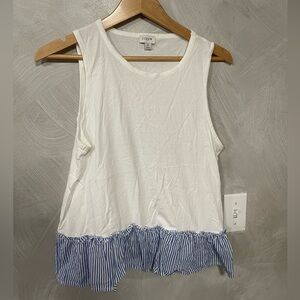 White J.Crew tank top with blue pinstripe peplum size medium
